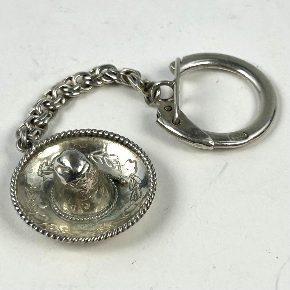 Mexico 925 Sterling Silver Sombrero Hat Floral Key Chain Signed